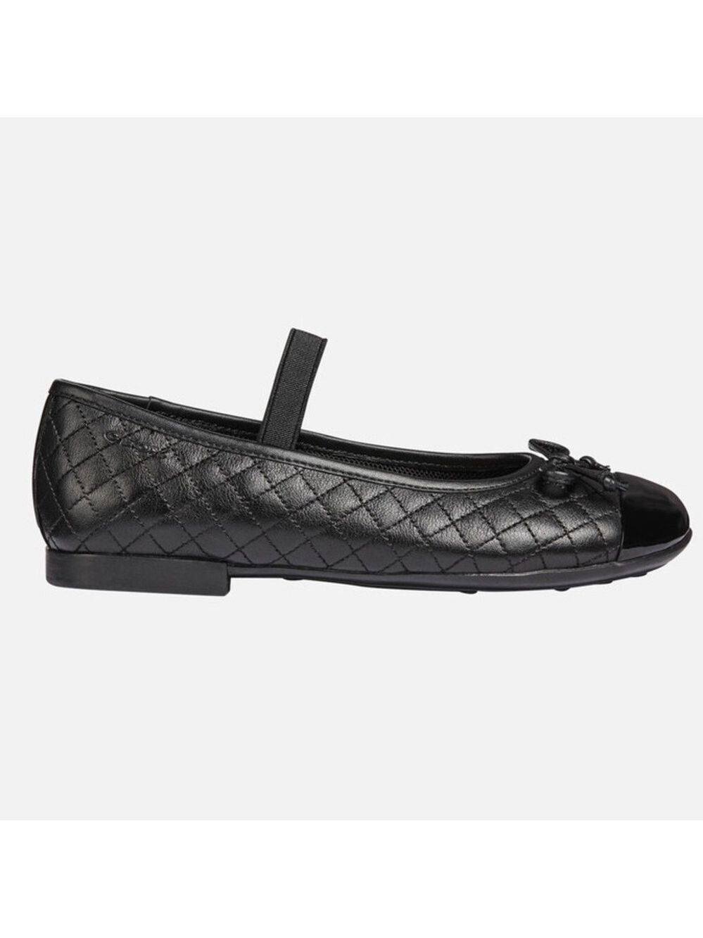 Geox Plie Girl Quilted Black Leather Patent Toe Ballet Flats with Elastic Strap